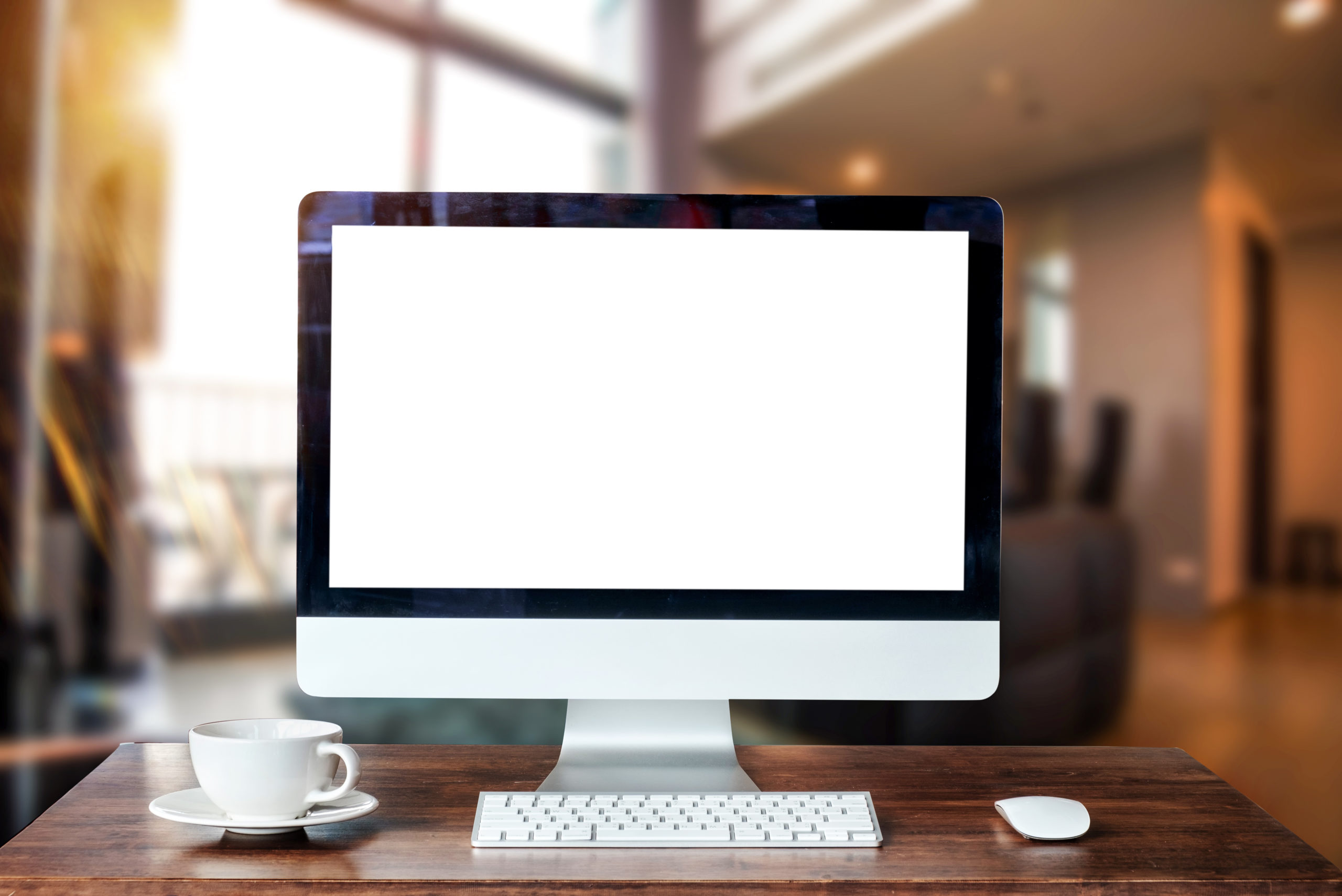 Workspace,With,Computer,Monitor,,Keyboard,blank,Screen,Coffee,Cup,On,A